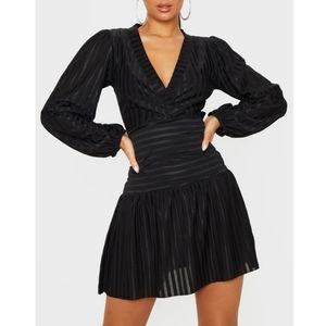 Black Striped Puff Sleeve Wrap Skater Dress